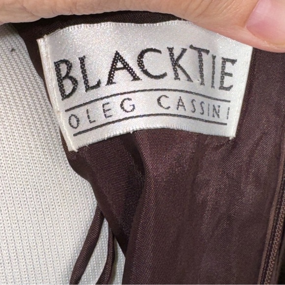 Vintage Oleg Cassini Black Tie Brown Satin Beaded Short Sleeve Dress Sz 12 - Picture 15 of 17